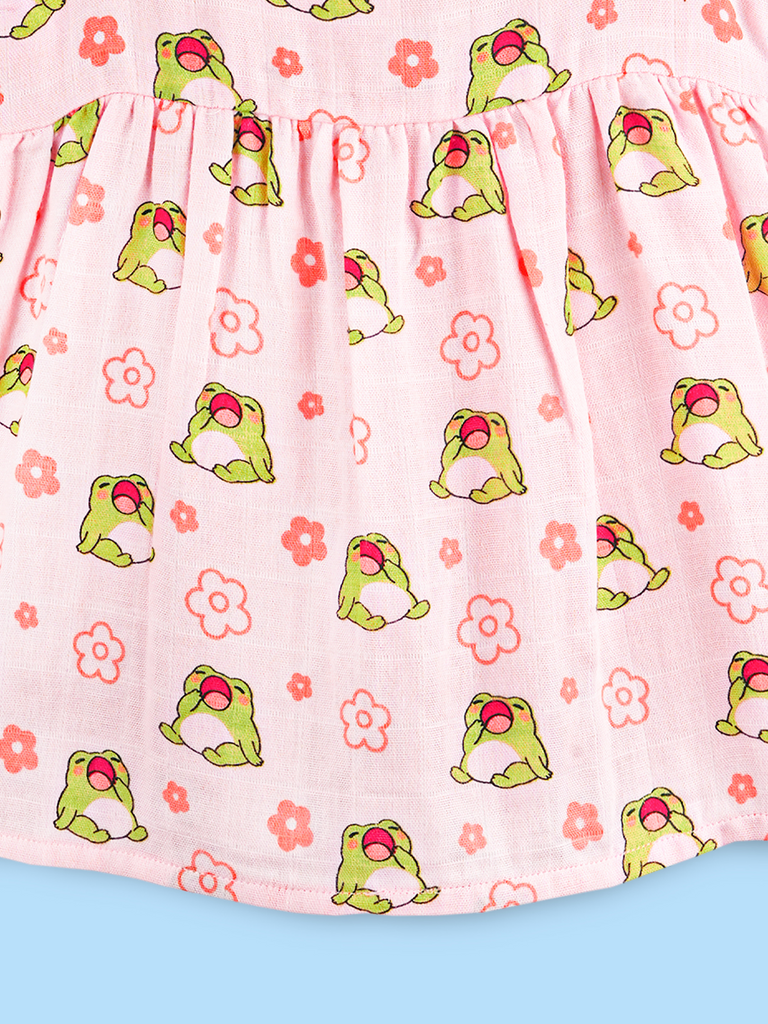 BambooTEC™ Bamboo Muslin Baby Frock – Frog & Floral Print, Soft & Breathable Dress