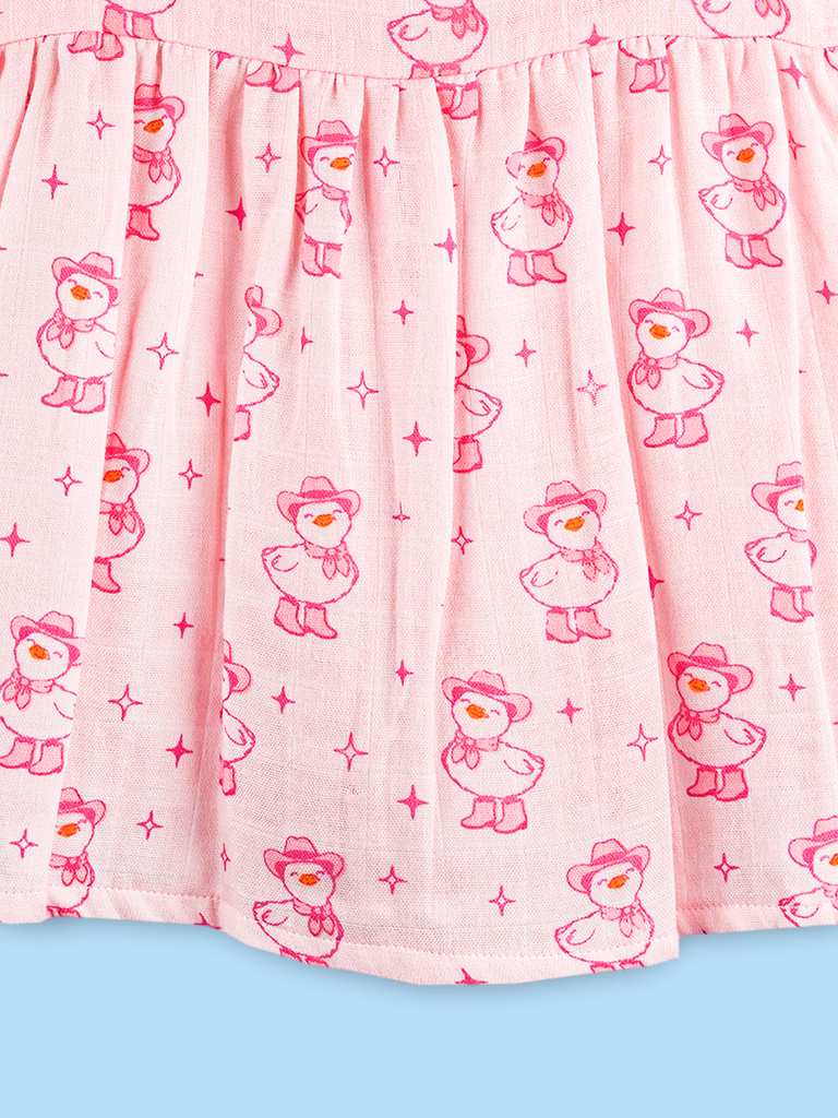 BambooTEC™ Bamboo Muslin Baby Frock – Pink Duck Print, Soft & Breathable Dress