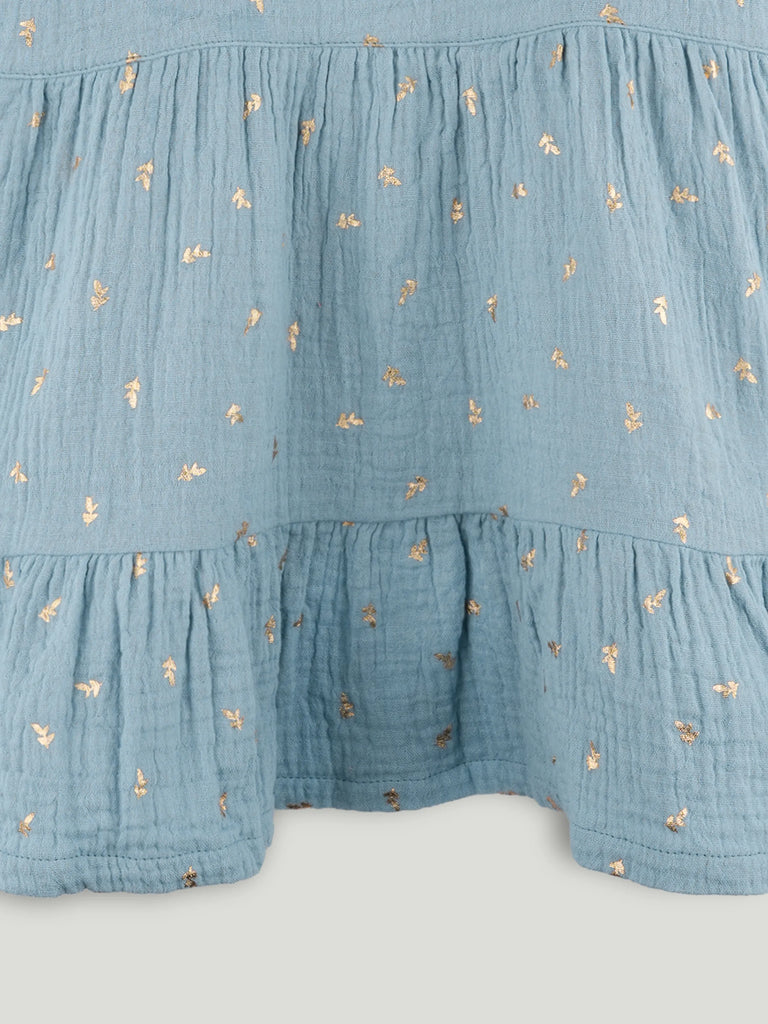 Girls Organic Cotton Sky Blue Floral Print Dress & Bloomers Set with Headband