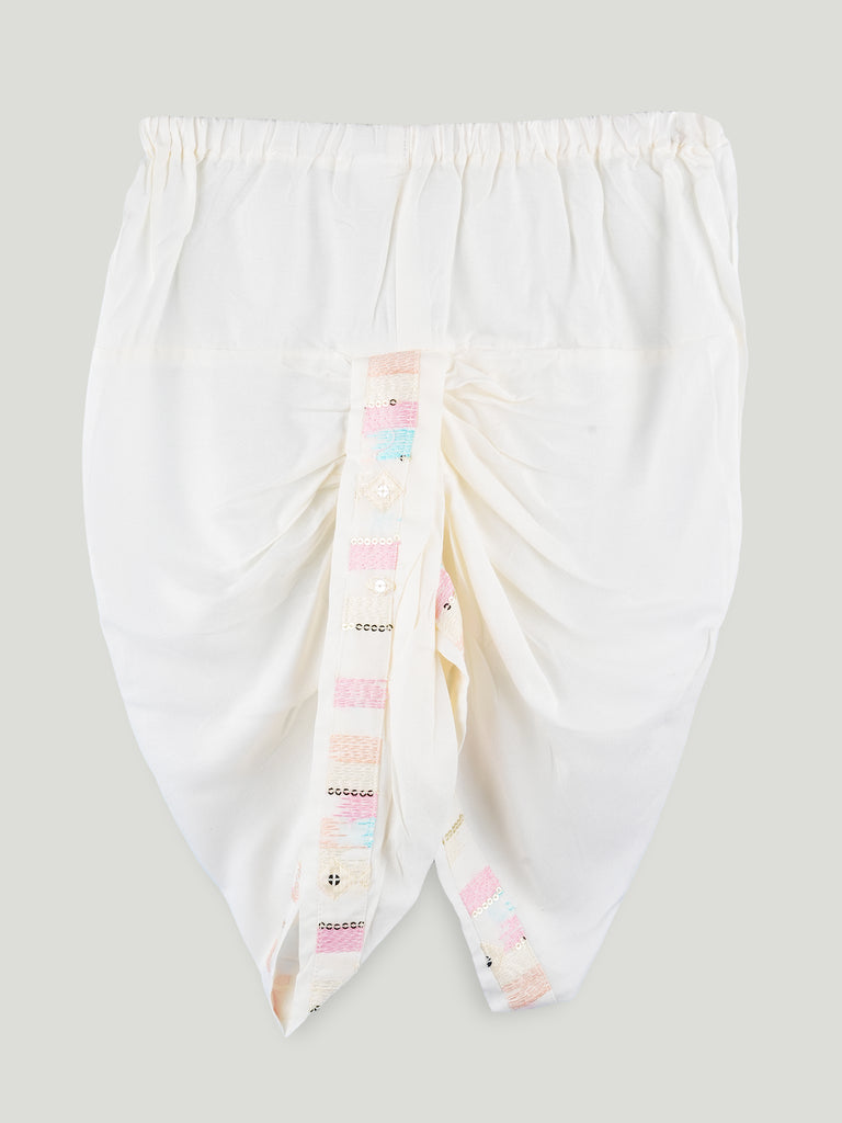 Boys White Kurta & Dhoti Set – Pastel Printed Jacket Festive Wear