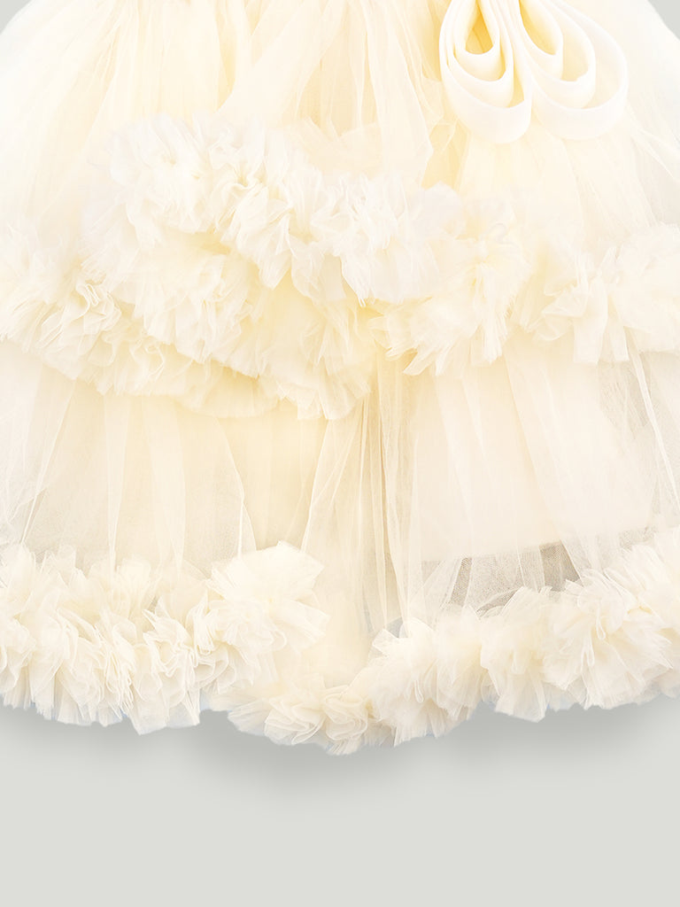Girls Cream Partywear Frock – Floral Embroidered & Layered Tulle Dress