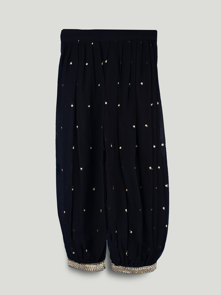 Girls Black Ethnic Crop Top & Dhoti Pants Set – Gold Embroidered Festive Wear