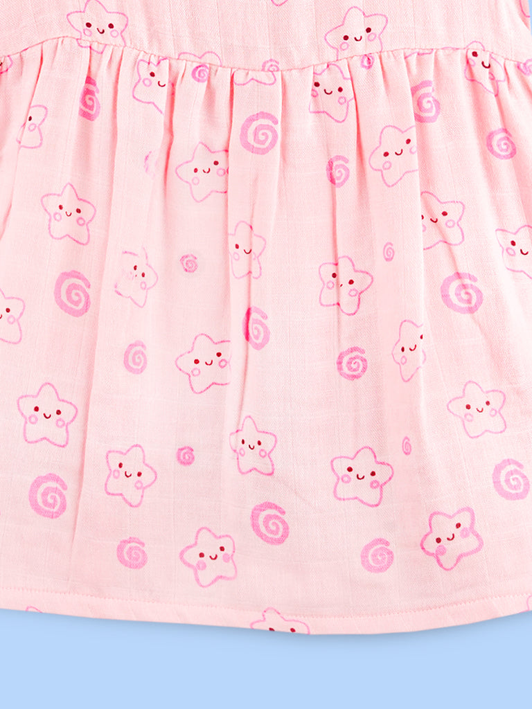 BambooTEC™ Bamboo Muslin Baby Girls Frock – Pink Floral & Smiley Print