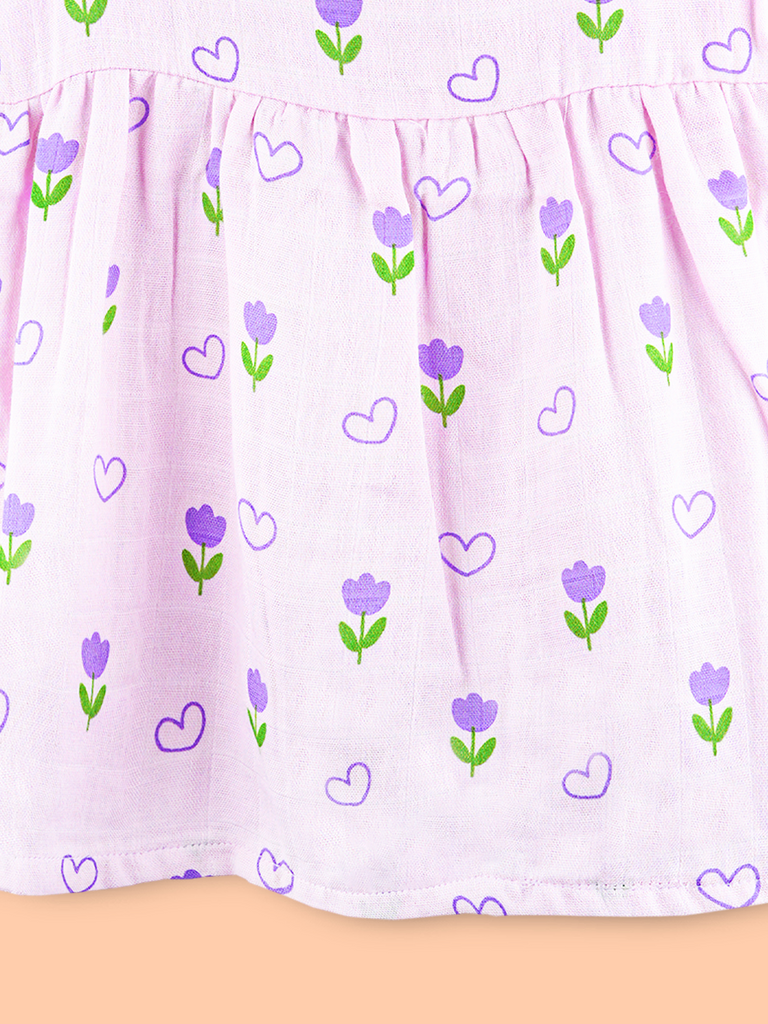 BambooTEC™ Bamboo Muslin Baby Frock – Tulip & Heart Print, Soft & Breathable Dress