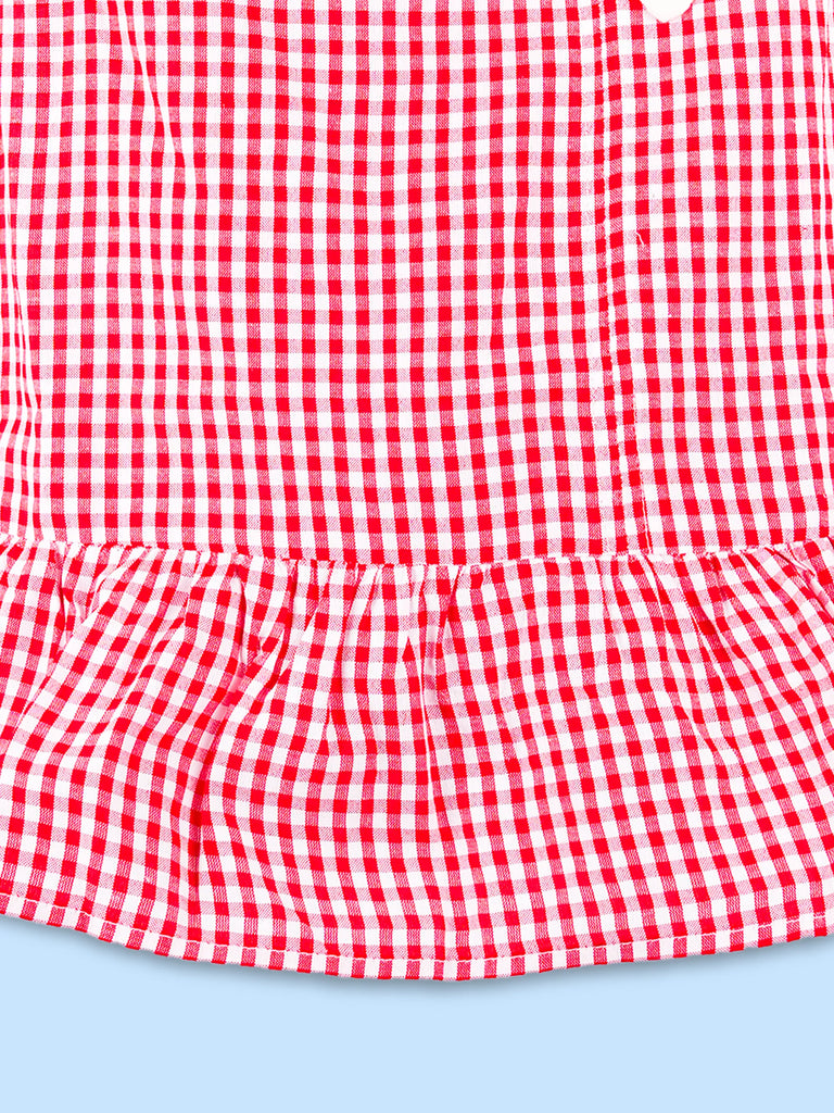 Girls Cotton Gingham Frock – Red Check Dress with White Bow Details