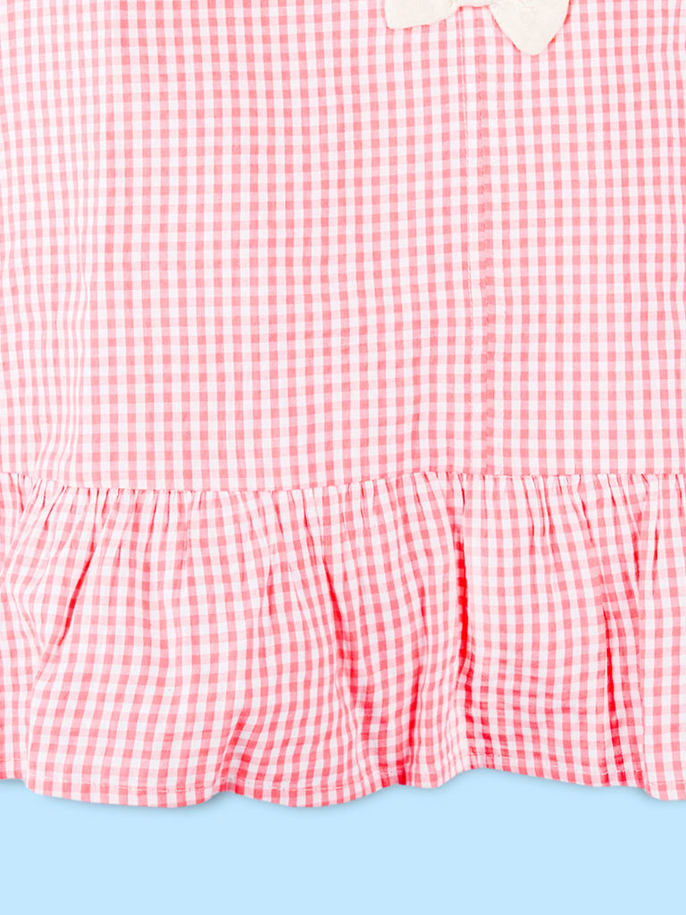 Girls Cotton Gingham Frock – Pink Check Dress with Bow Details