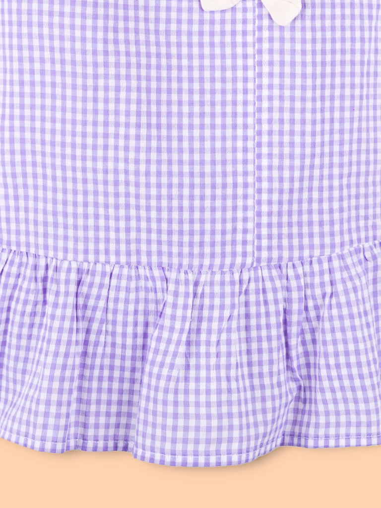 Girls Cotton Gingham Frock – Lavender Check Dress with White Bow Details