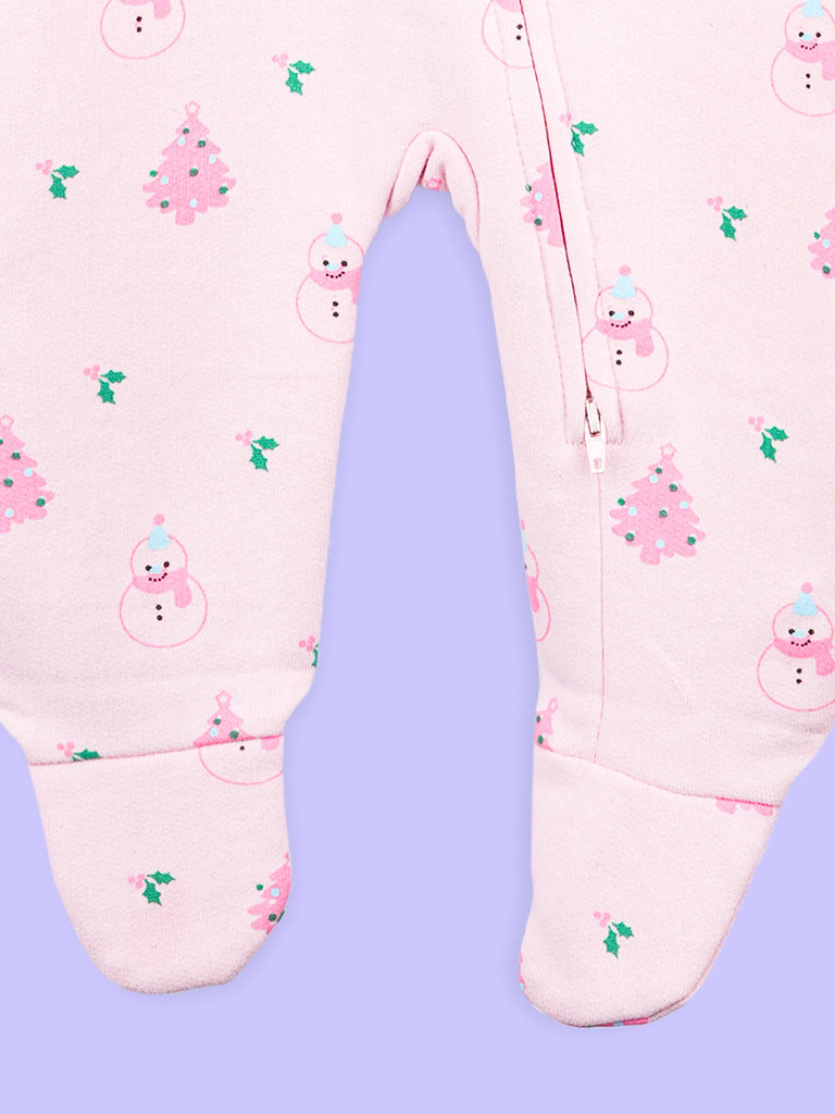 Cotton Baby Girls Footed Romper – Pink Christmas Print Full-Sleeve Romper