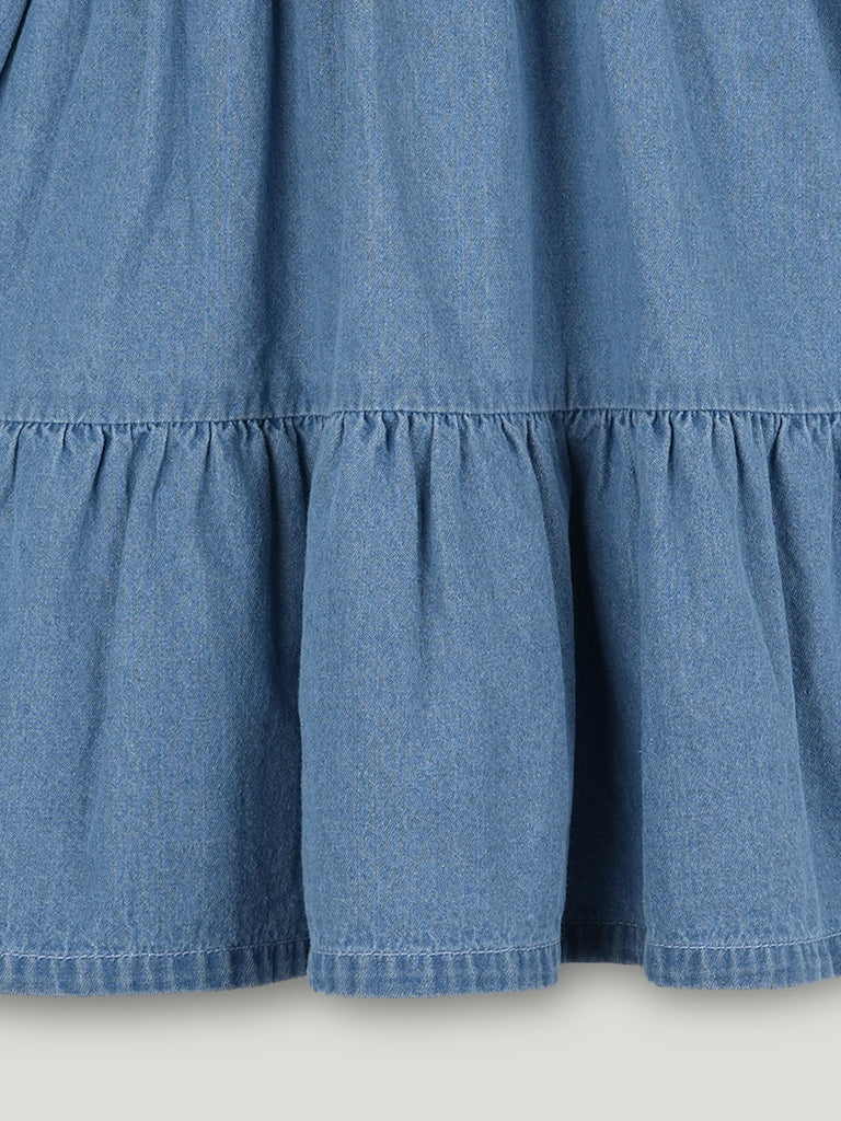 Girls Denim Tiered Full Sleeve Dress - Soft Washed Blue