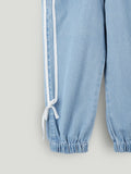 Girls Denim Jogger Pants with Side Stripe - Light Blue