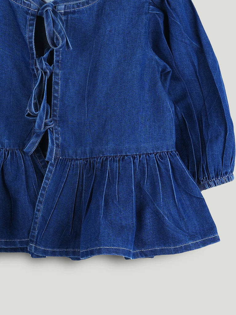 Girls Denim Peplum Top with Puff Sleeves - Dark Blue