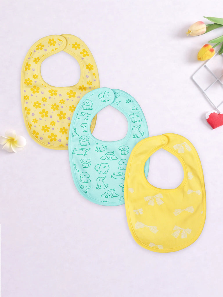 Organic Cotton Baby Bib Pack of 3 – Soft Breathable Bow, Flower & Blue Dog Print, Feeding & Drool Bibs
