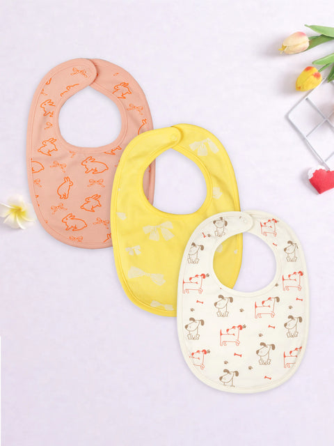 Organic Cotton Baby Bib Pack of 3 – Soft Breathable Bunny, Blue Dog, Bow Print, Feeding & Drool Bibs