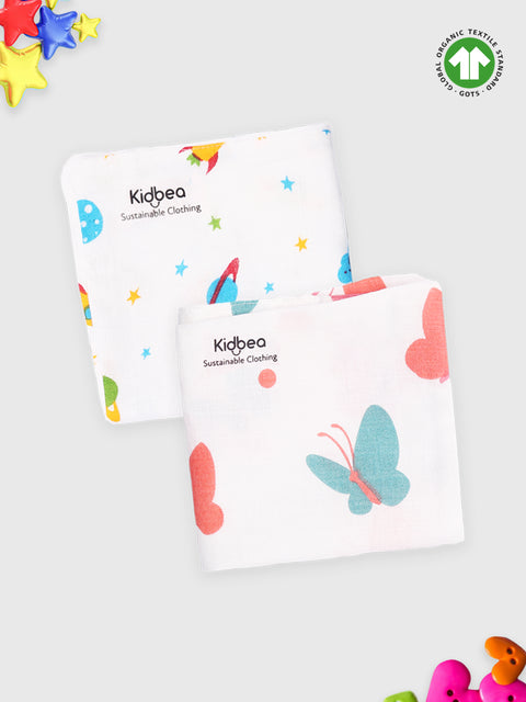 Muslin Ultra Soft doubled layer Napkin Multicolor - Pack of 2 | Butterfly & Space