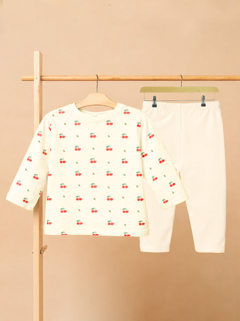 Organic Cotton Unisex Baby Co-ord Set – Soft Breathable Cream Cherry Print Full Sleeve Top & Pants for Infants