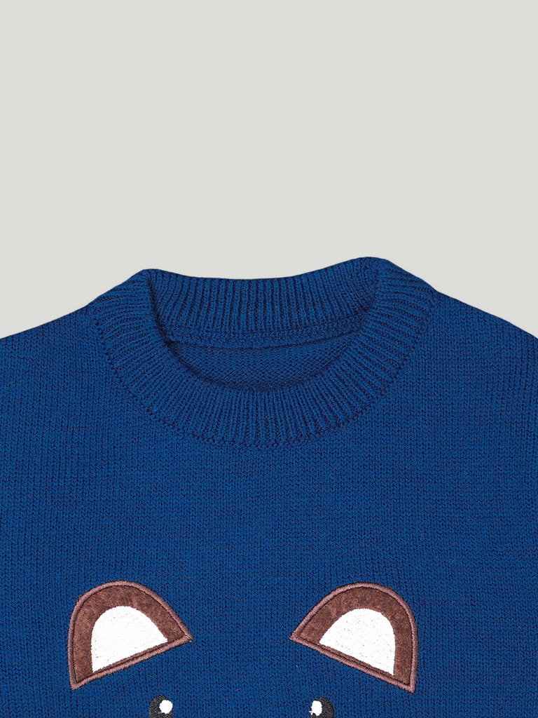 Kidbea Woolen Round Neck Sweater | Bear Face | Blue