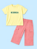 Girls Cotton Co-Ord Set – Yellow Graphic T-Shirt & Pink Cargo Pants