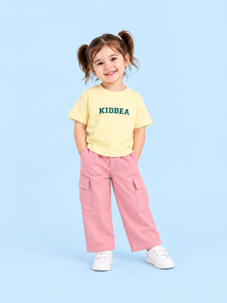 Girls Cotton Co-Ord Set – Yellow Graphic T-Shirt & Pink Cargo Pants