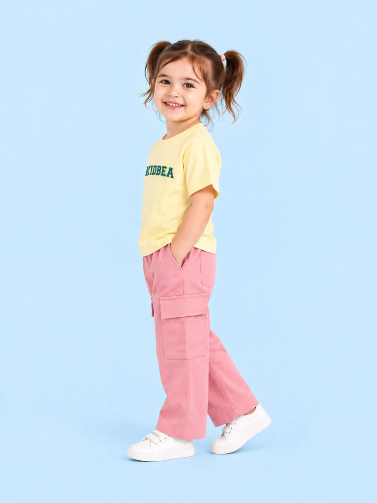 Girls Cotton Co-Ord Set – Yellow Graphic T-Shirt & Pink Cargo Pants