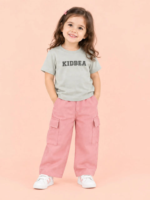 Girls Cotton Co-Ord Set – Grey Graphic T-Shirt & Pink Cargo Pants