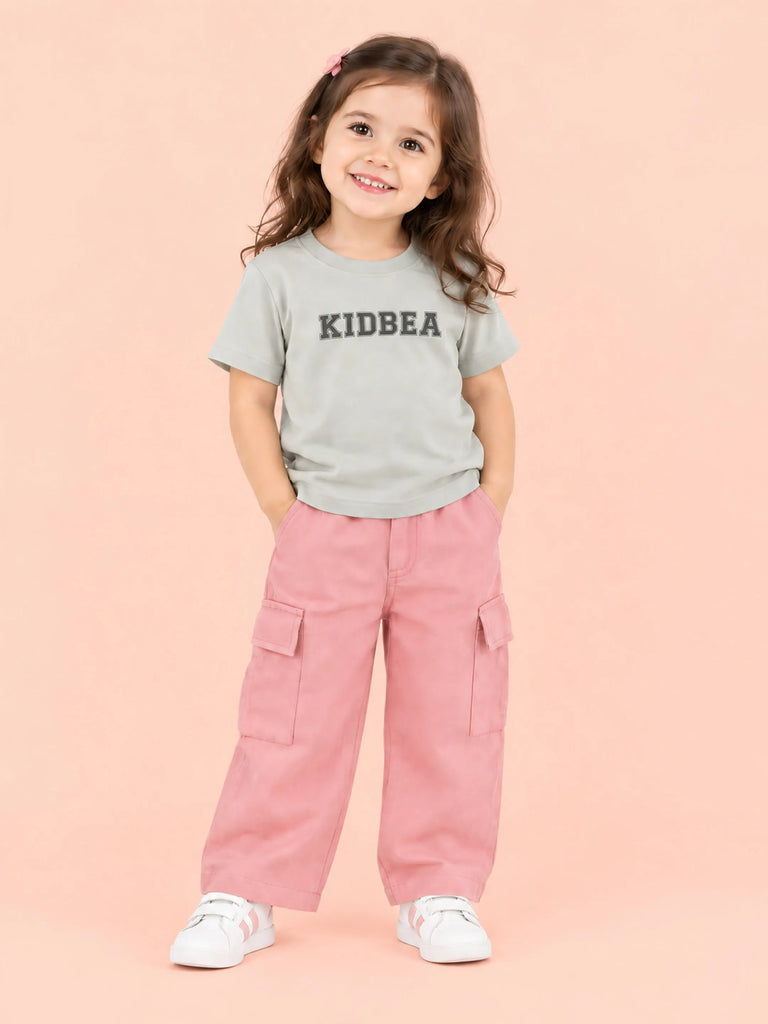 Girls Cotton Co-Ord Set – Grey Graphic T-Shirt & Pink Cargo Pants