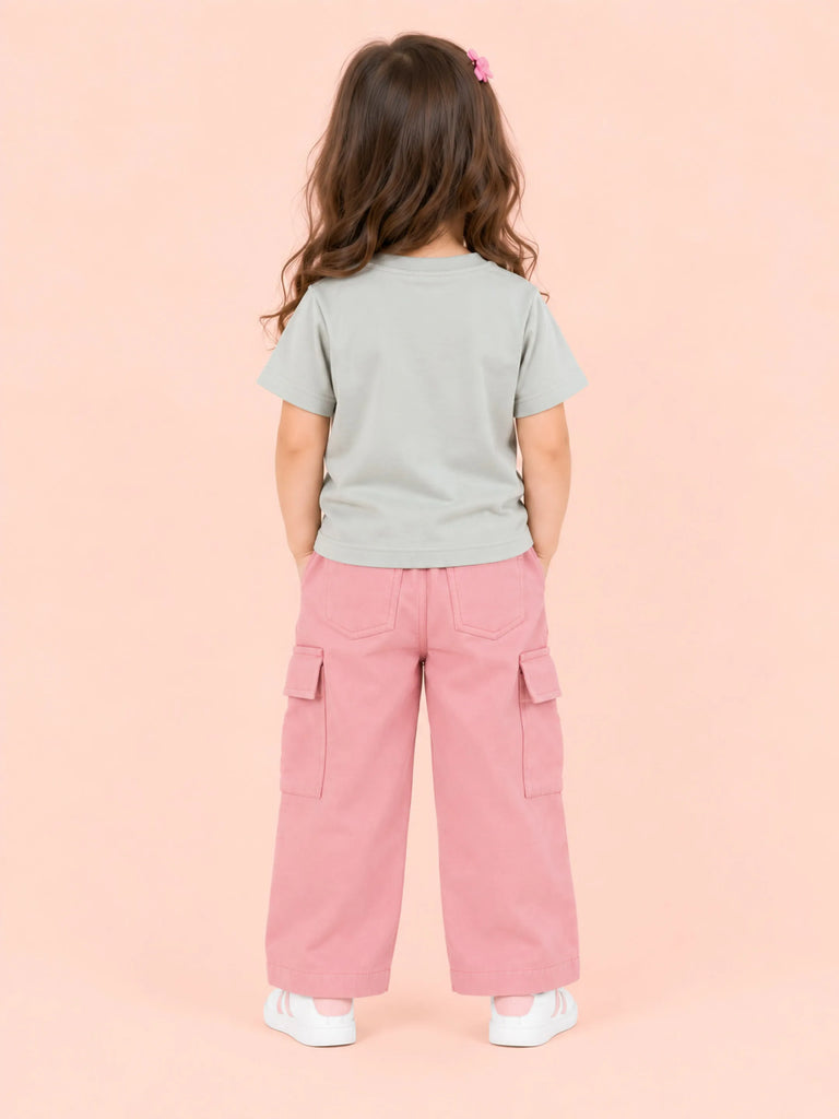 Girls Cotton Co-Ord Set – Grey Graphic T-Shirt & Pink Cargo Pants