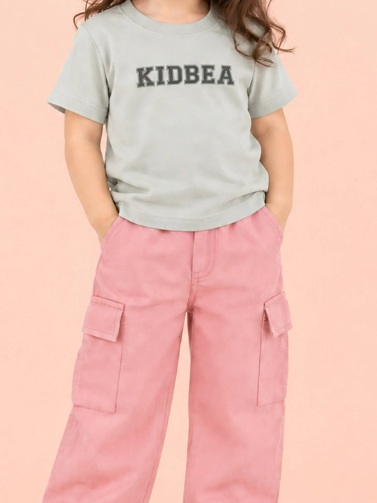 Girls Cotton Co-Ord Set – Grey Graphic T-Shirt & Pink Cargo Pants