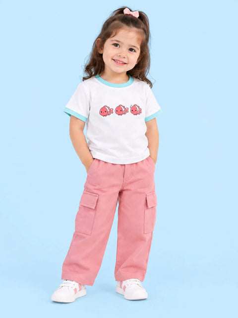 Girls Cotton Co-Ord Set – White Fish Print T-Shirt & Pink Cargo Pants