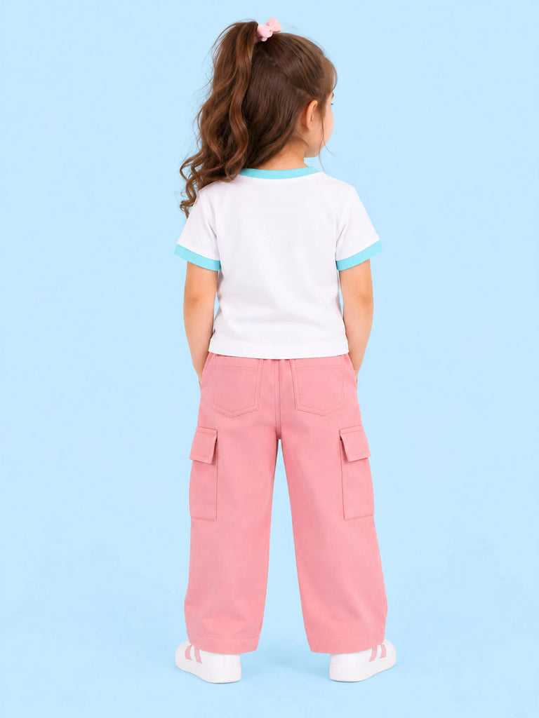 Girls Cotton Co-Ord Set – White Fish Print T-Shirt & Pink Cargo Pants