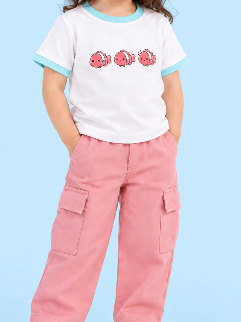 Girls Cotton Co-Ord Set – White Fish Print T-Shirt & Pink Cargo Pants