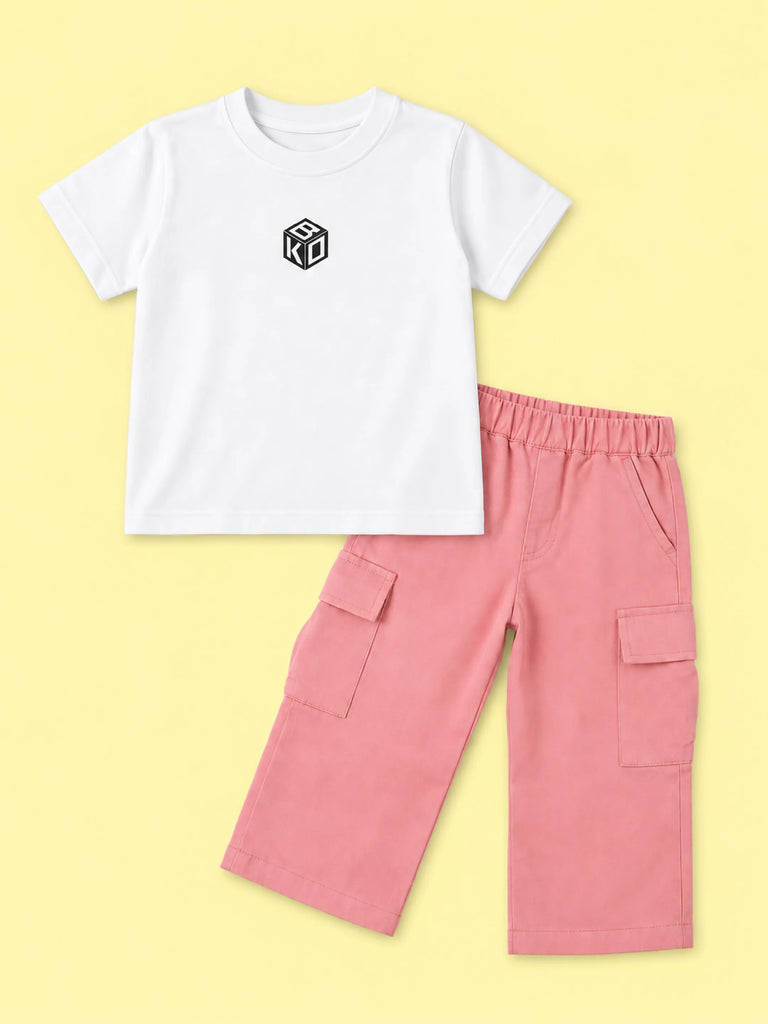 Girls Cotton Co-Ord Set – White Graphic T-Shirt & Pink Cargo Pants