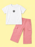 Girls Cotton Co-Ord Set – White Graphic T-Shirt & Pink Cargo Pants