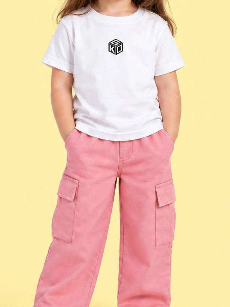 Girls Cotton Co-Ord Set – White Graphic T-Shirt & Pink Cargo Pants