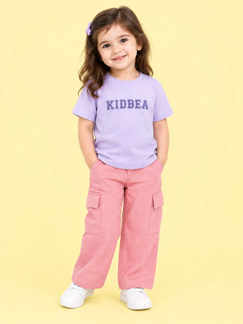 Girls Cotton Co-Ord Set – Lavender Graphic T-Shirt & Pink Cargo Pants
