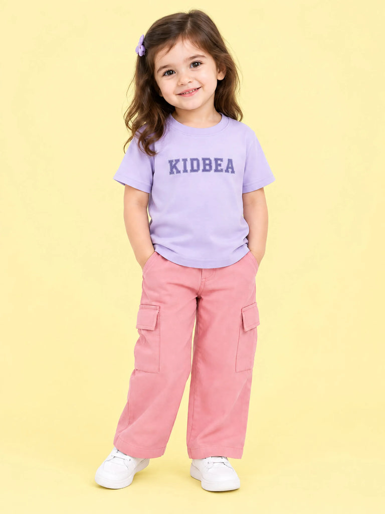 Girls Cotton Co-Ord Set – Lavender Graphic T-Shirt & Pink Cargo Pants
