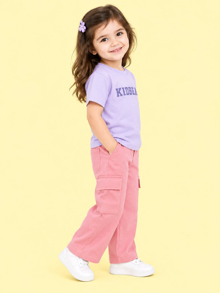Girls Cotton Co-Ord Set – Lavender Graphic T-Shirt & Pink Cargo Pants