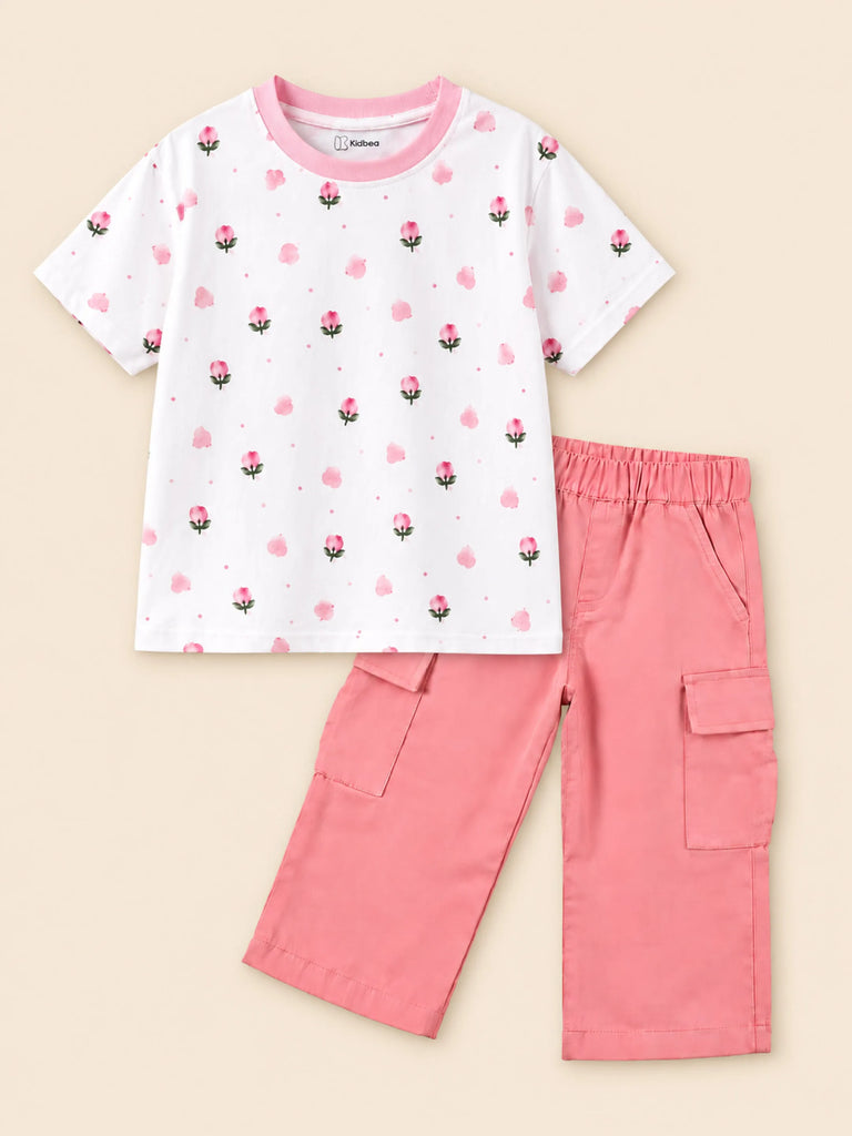 Girls Cotton Co-Ord Set – White Floral T-Shirt & Pink Cargo Pants