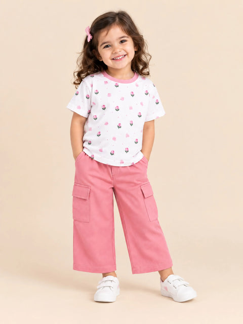 Girls Cotton Co-Ord Set – White Floral T-Shirt & Pink Cargo Pants