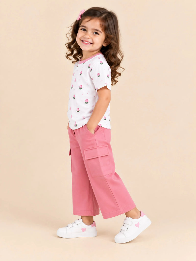 Girls Cotton Co-Ord Set – White Floral T-Shirt & Pink Cargo Pants