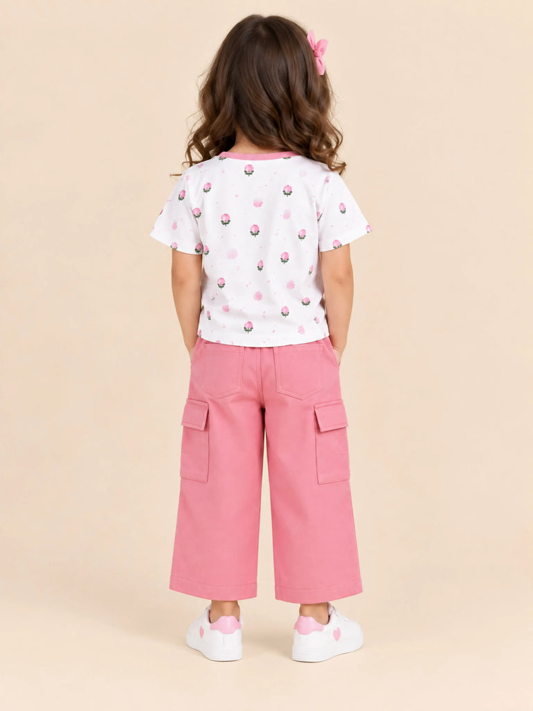 Girls Cotton Co-Ord Set – White Floral T-Shirt & Pink Cargo Pants