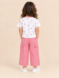 Girls Cotton Co-Ord Set – White Floral T-Shirt & Pink Cargo Pants