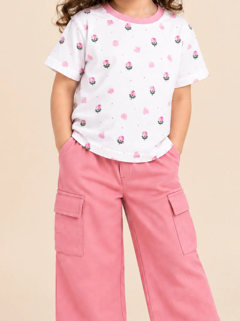 Girls Cotton Co-Ord Set – White Floral T-Shirt & Pink Cargo Pants