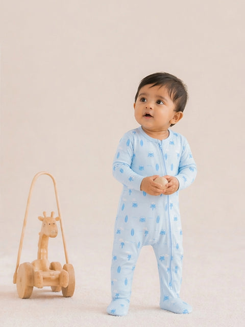 Organic Cotton Baby Romper – Soft Breathable Beach Print Full Sleeve Zip Sleepsuit
