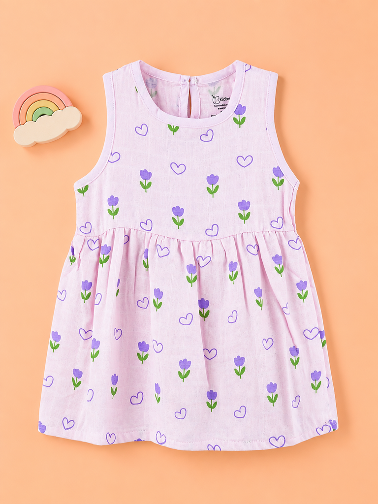BambooTEC™ Bamboo Muslin Baby Frock – Tulip & Heart Print, Soft & Breathable Dress