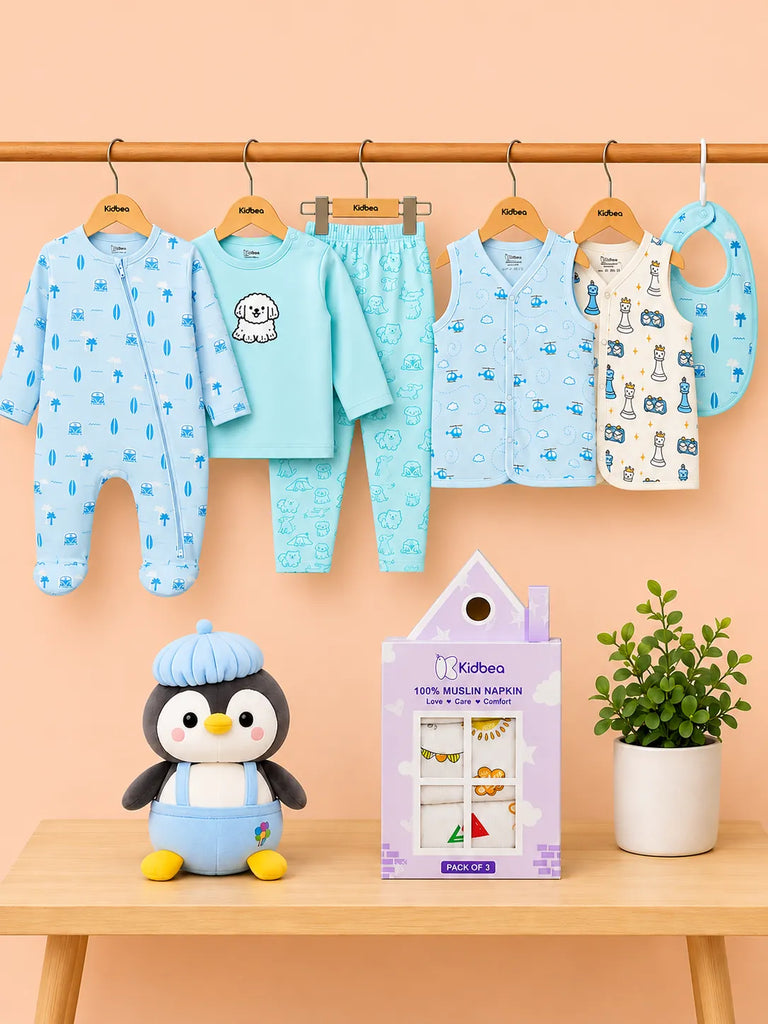 Tiny Joy - Baby Welcome Hamper Gift Set – Romper, Co-ord Set, Jhablas, Bib, Muslin Napkins & Soft Toy