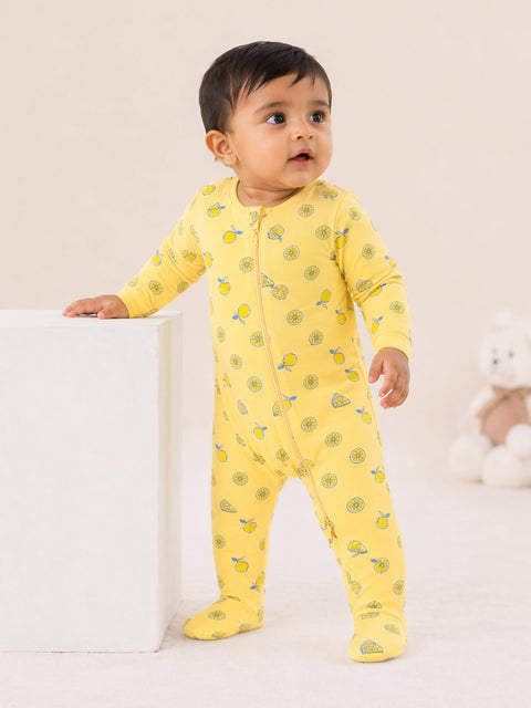 Organic Cotton Baby Romper – Soft Breathable Yellow Lemon Print Full Sleeve Zip Sleepsuit