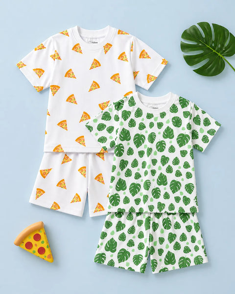 Organic Cotton Unisex Kids Co-ord Set Pack of 2 – Soft Breathable Pizza & Leaf Print T-Shirt & Shorts Set