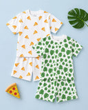 Organic Cotton Unisex Kids Co-ord Set Pack of 2 – Soft Breathable Pizza & Leaf Print T-Shirt & Shorts Set