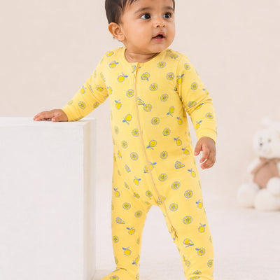 Organic Cotton Baby Romper – Soft Breathable Yellow Lemon Print Full Sleeve Zip Sleepsuit