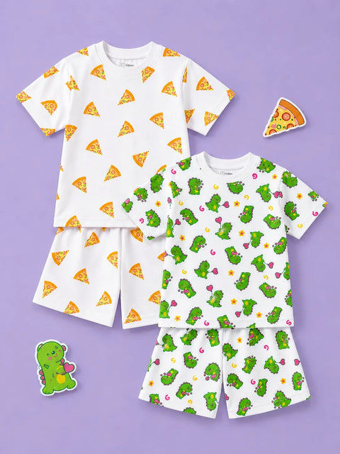 Organic Cotton Unisex Kids Co-ord Set Pack of 2 – Soft Breathable Pizza & Dinosaur Print T-Shirt & Shorts Set
